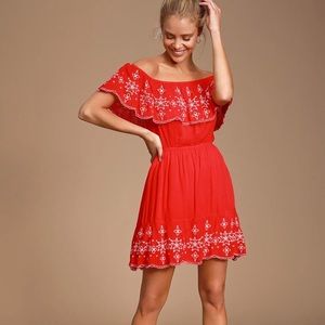 NWT Lulu’s Red Ruffle Embroidered Dress